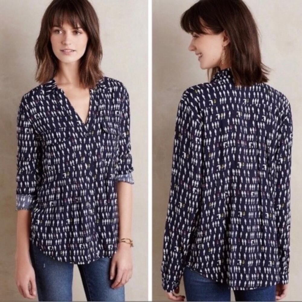 Anthropologie Maeve Wynwood Parrot BIrd Button Down Blouse Womens 0‎